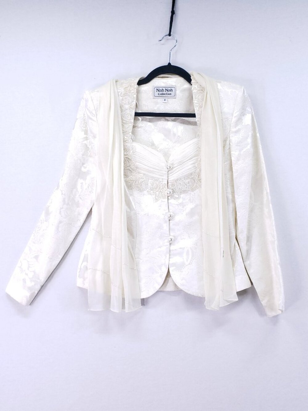 Vintage Nah Nah Collections Blazer With Scarf Women Size 8 Cream Jacquard Sequin